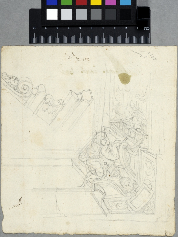 Draft for Corner of Ceiling Decoration with Urn, Flanked by Seated Figures.