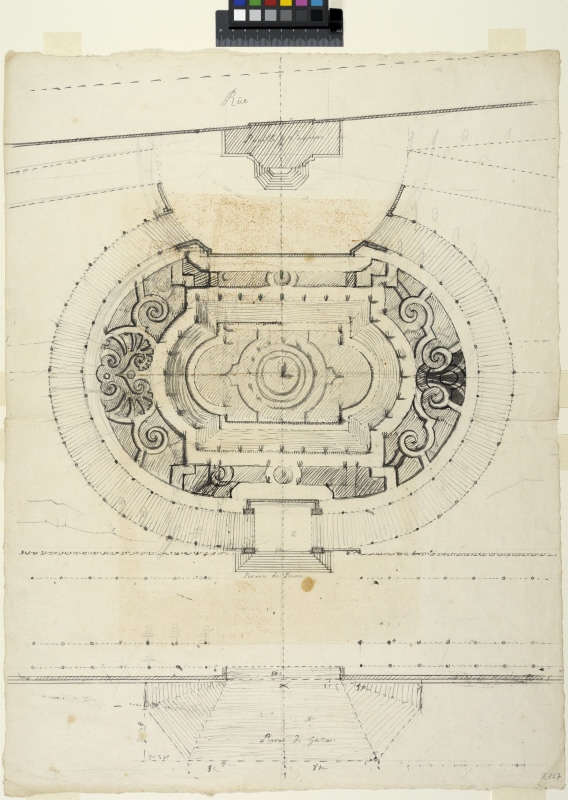 Plan av en oval parterr framför en Pavillon de l'Aurore, möjligen för Sceaux