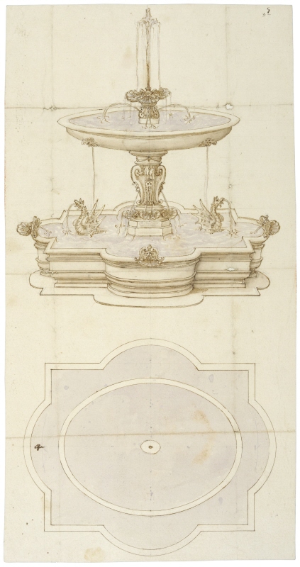 Rome: design for the Fountain of San Giacomo in Borgo, also called “a Scossacavalli”. Plan and perspective elevation, c. 1614