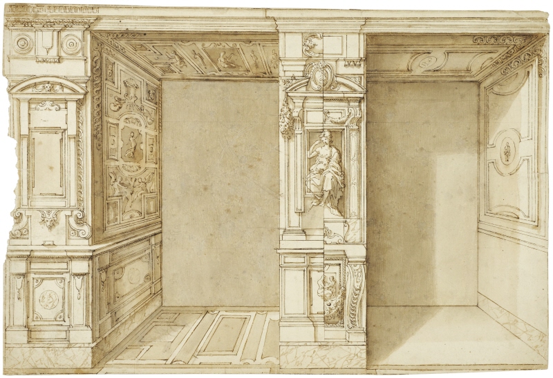 Två gravnischer(?) med en trymåartad vägg emellan med en sittande figur och manieristisk dekor i två alternativ