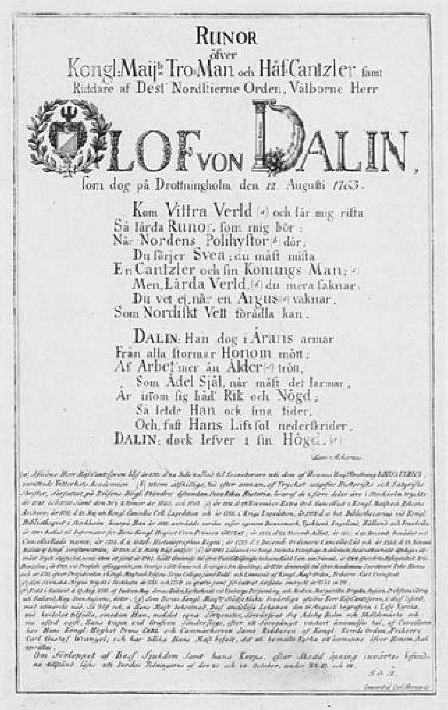 Minesstavla (runor) över  Olof von Dalin som dog på Drottningholm