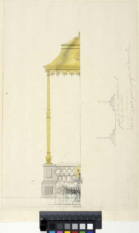 Versailles. Förslag till baldakinen för Les Chevaux d'Apollon. Elevation med antydan till skiss för figurgrupp och profilskiss
