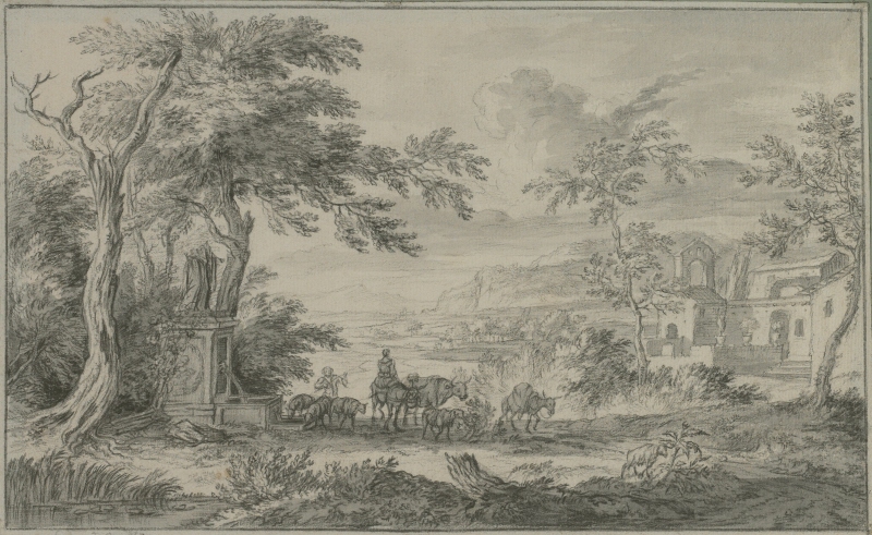 Italian Landscape with Cattle and Herdsmen at a Fountain