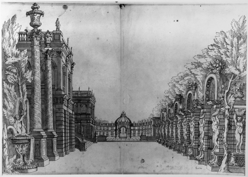 Teaterdekoration; arkitektur, palatsentre till vänster och pergola buren av satyrer till höger