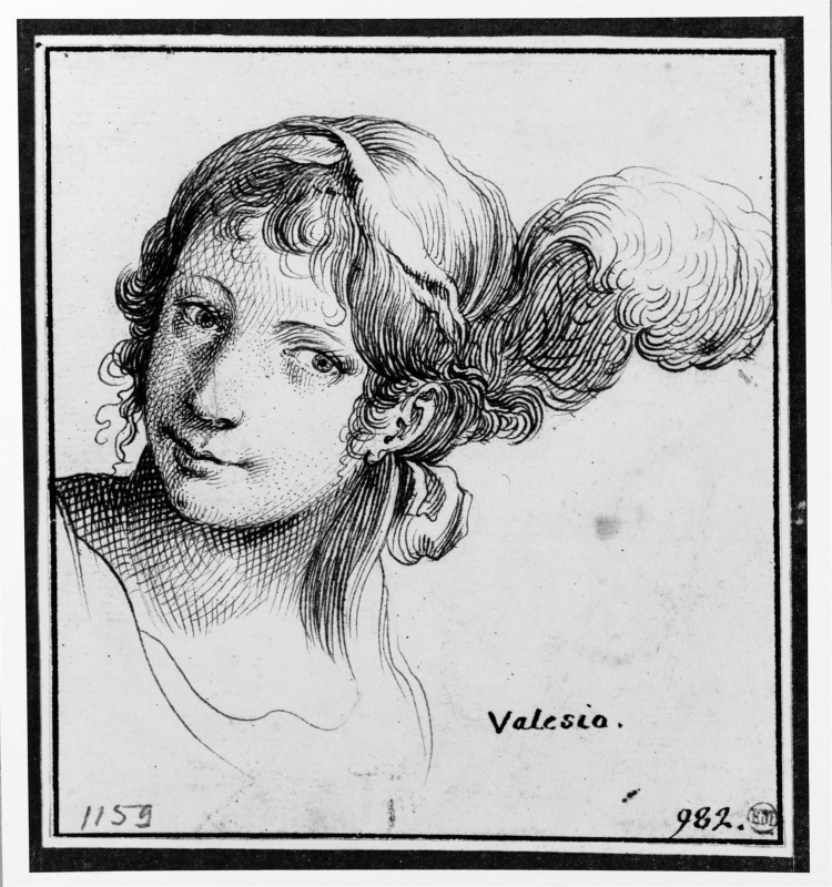 Head of a woman with a feather in her hair