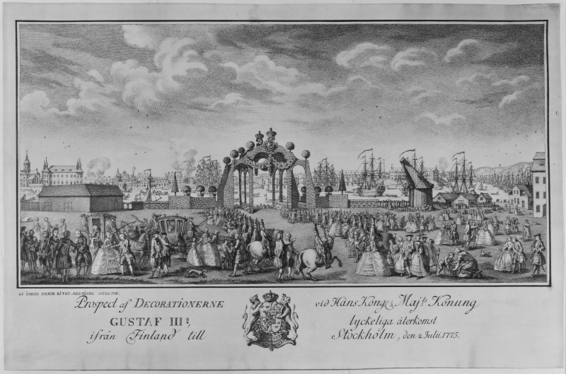 Gustav III:s återkomst från kriget 1775. Mottagning på Skeppsbron, Stockholm