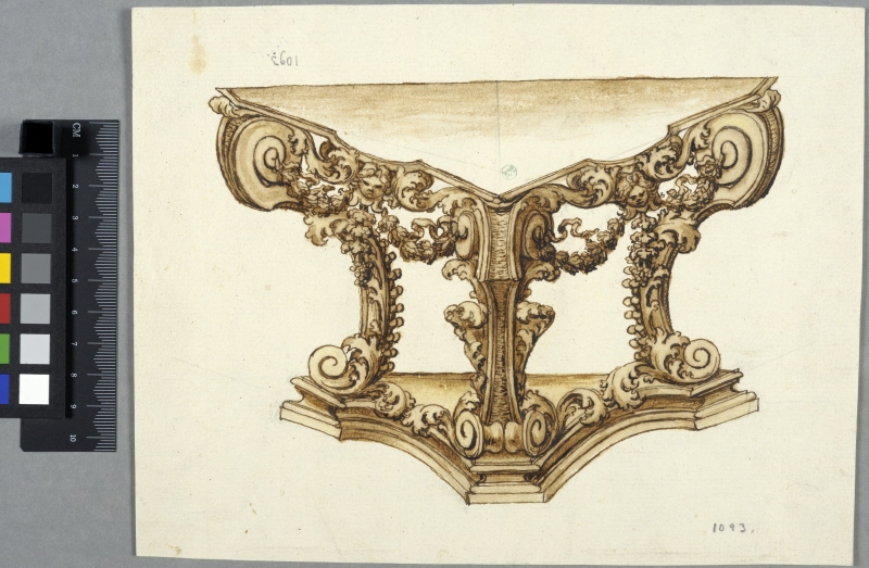 Design for a table with three legs: volutes, foliageornaments and faces