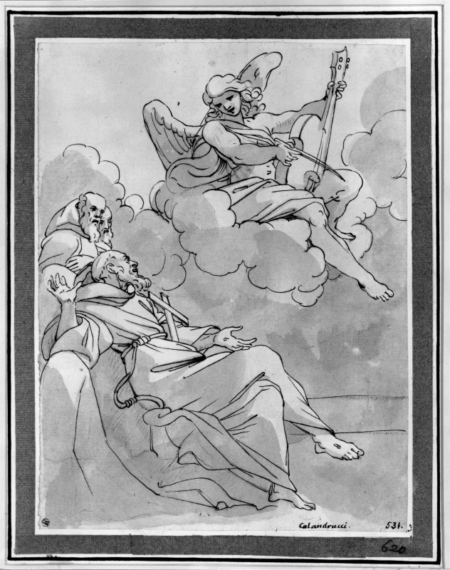 St Fransiscus, i skyn spelar en ängel viola da gamba