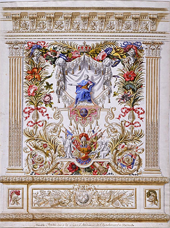 Förslag till broderi för en av bonaderna i sviten ' La Tenture de la paix', ämnad för Salon d'Apollon, Grand Appartement, Versailles.