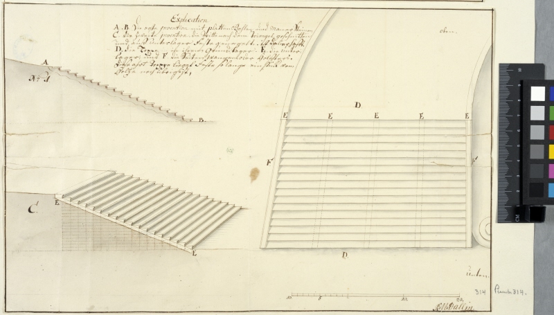 Stairs for the Gardens of the Royal Palace in Kiel. Plan, section and perspective