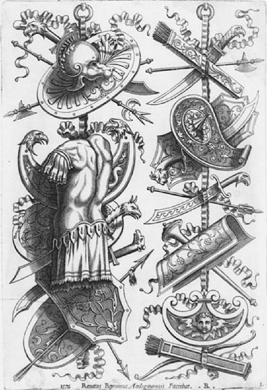 Hjälmar, sköldar, pilkoger... Blad 5 av 6 ur Vapen trofeér 1576