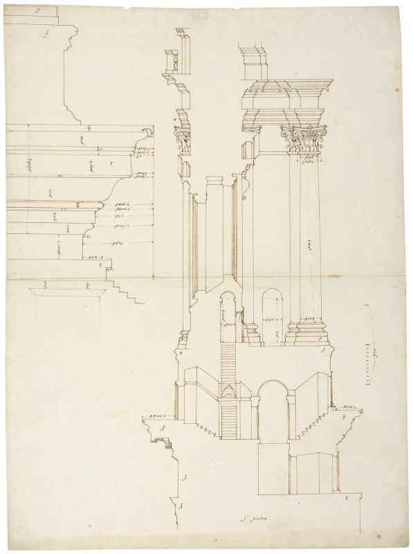 Rome: St Peter’s, profile of the main exterior cornice at the base of the drum (up left); section and elevation of the model of the drum