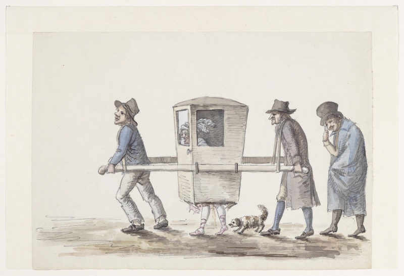 Two men carrying a lady in a litter with a broken base