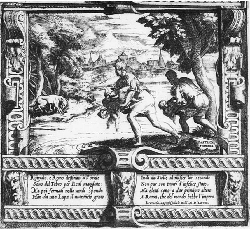Bröderna utsatta i Tibern.Romulus och Remus, Blad 1 av 6
