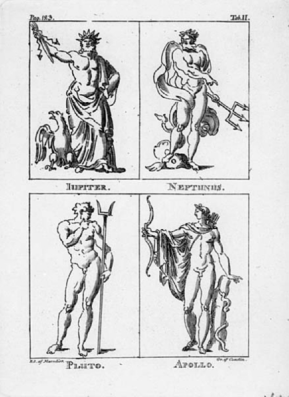Illustration till "Handbok för fruntimmer": Jupiter-Neptunus-Pluto-Apollo i helfigur på ett blad