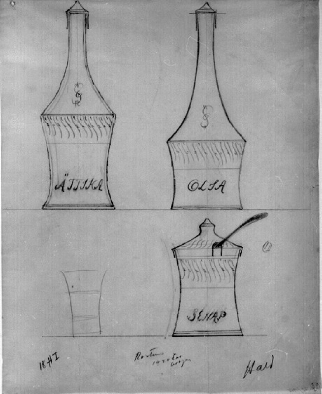 Skisser till flaskor för ättika och olja samt för senapsburk