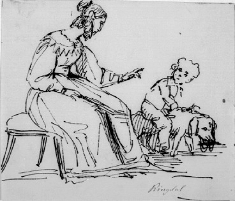 Sittande kvinna med barn och hund
