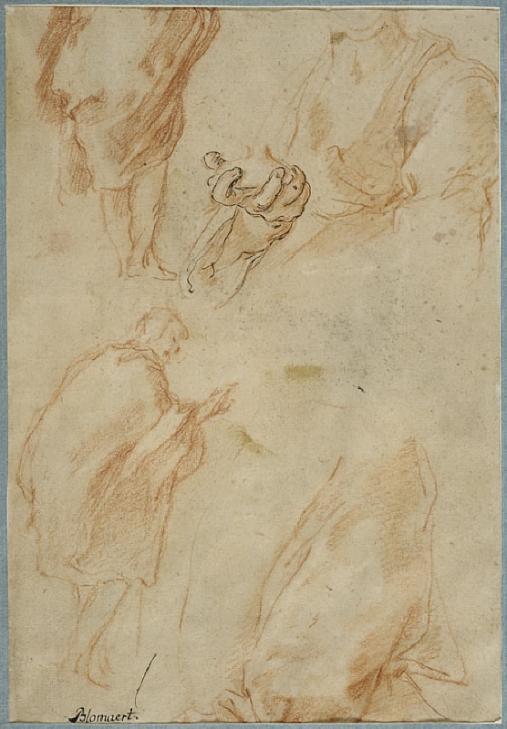 Study of a man draped in a cloak, seen from behind, and the bust of a woman holding an object