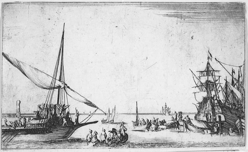 Galär kommer in i hamnen. Suite de huit marines, graveé en 1634