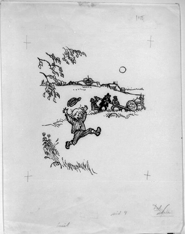 Illustration till "Nya hyss av Emil i Lönneberga" av Astrid Lindgren. Emil, sidan 4
