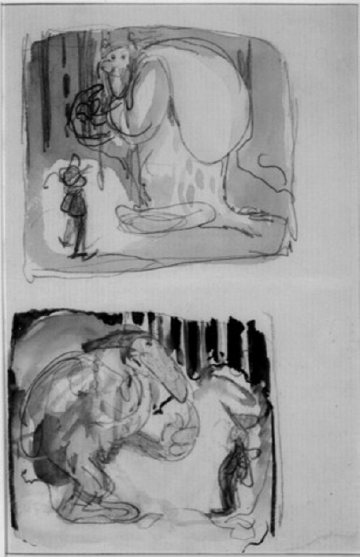 "Pojken och trollen" Två skisser till sagoillustrationer