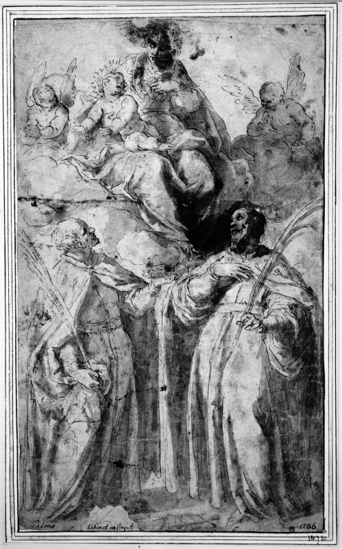Jungfru Maria med barnet beundrad av två helgon