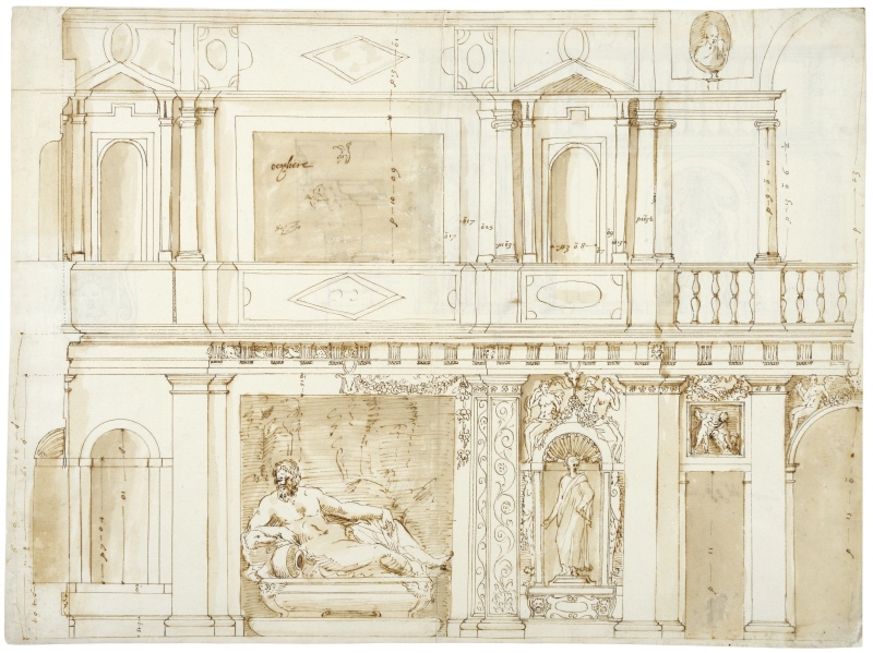 Villa Giulia, Rom. Elevation av nymfeets fondvägg med utsmyckning och skulptur av vilande flodgud