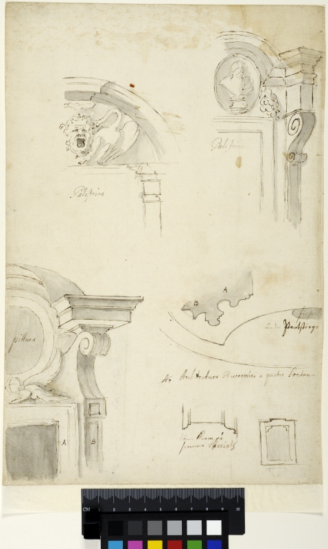 Architectural Details, Door Surrounds, from the Palazzo Barberini and S. Carlo alle Quattro Fontane, Rome. Details, plan sketch and profil