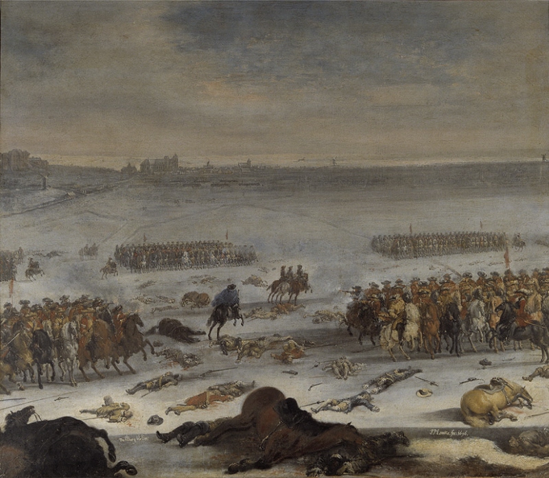 Slaget vid Lund 1676. Konung Karl XI (1655-1697) slår sig igenom fientliga skvadroner.