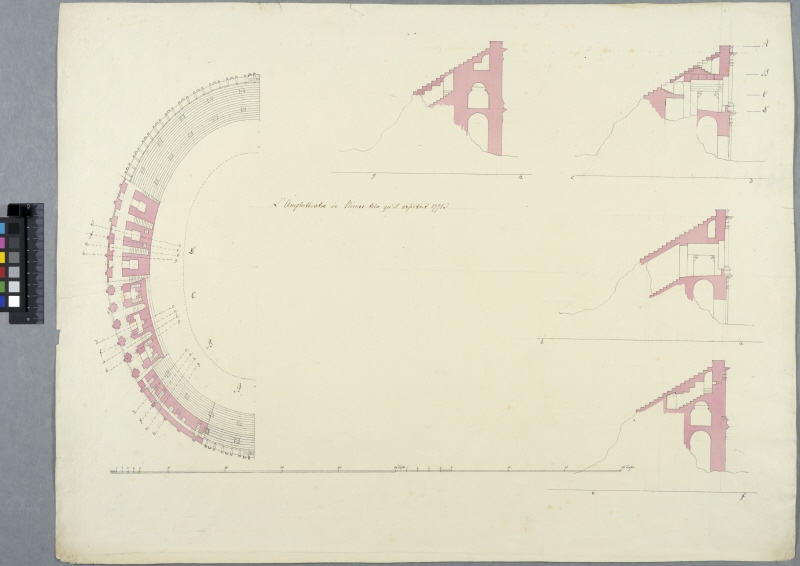 The Amphitheatre in Nîmes, as it Presented itself 1771. Plan of the left half at all levels and four sections
