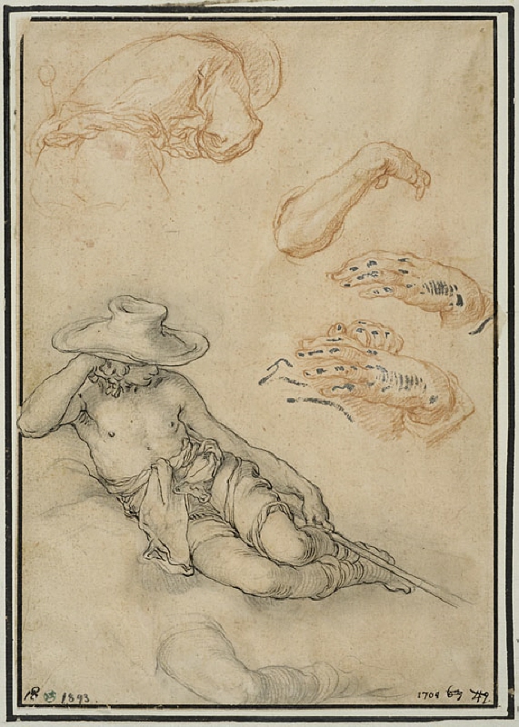 A Resting Shepherd, Separate Studies of his Leg and Arm, a Man Seen from the Back, and Two Hands