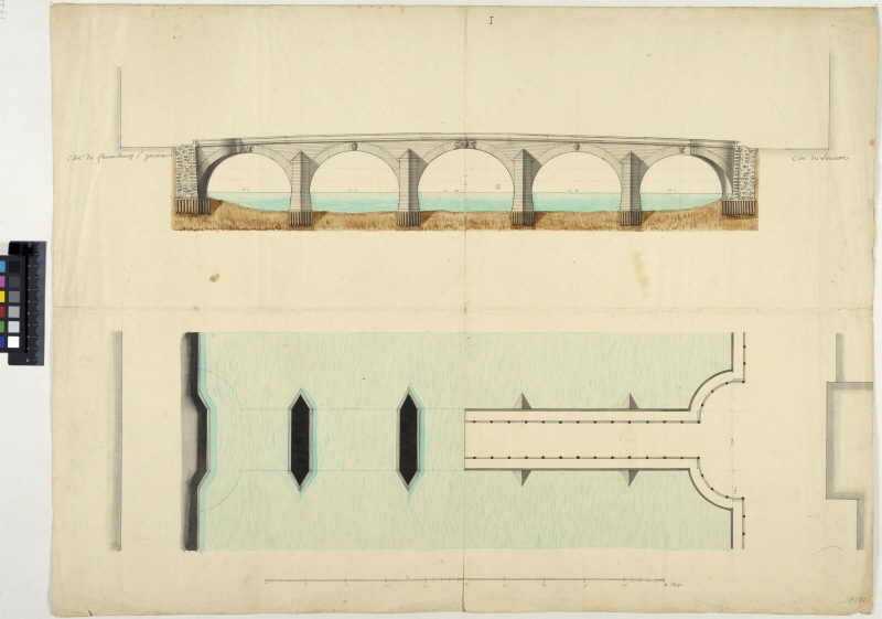Ritning till bro med fem spann. Pont Royal, Paris. Plan och elevation