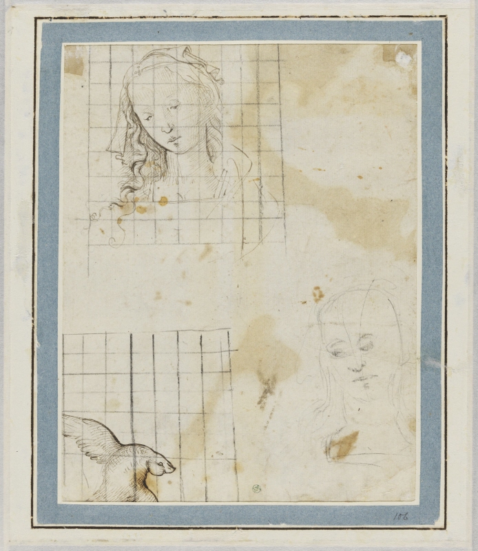 Head of a young woman, repeated, and a flying dove