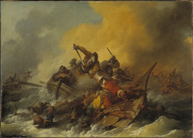 Strid på havet mellan soldater och orientaliska pirater