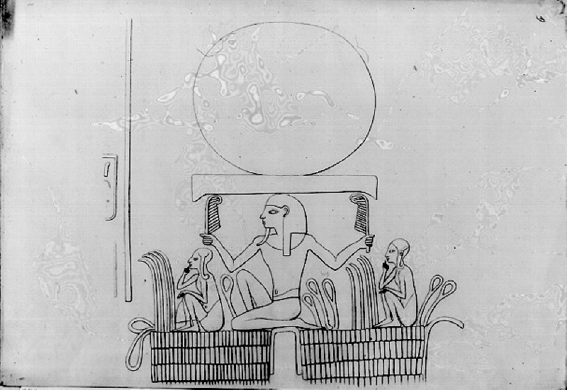 Egyptiska reliefer. Tre sittande figurer och solskiva