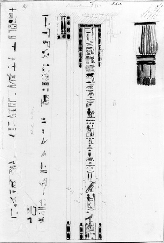 Beni Hassan, sydliga grottan. Färgbeskrivning av kolonn och hieroglyffriser, måttangivelser och beskrivande text