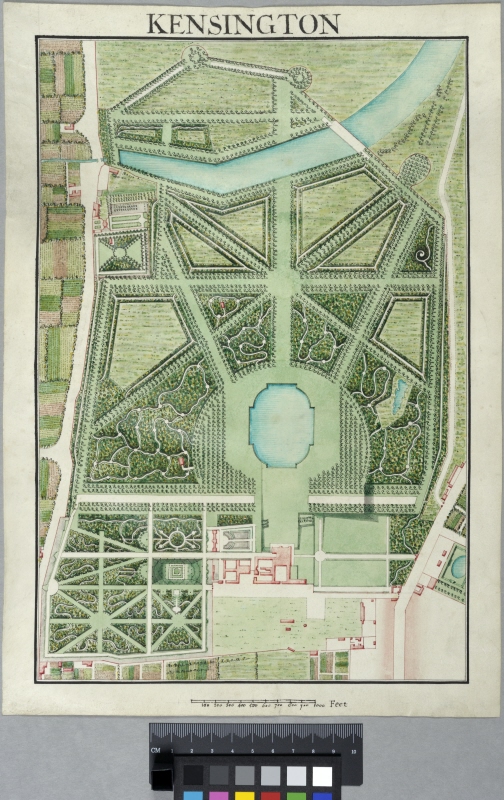 Kensington Gardens, London. Plan över slottet och trädgården