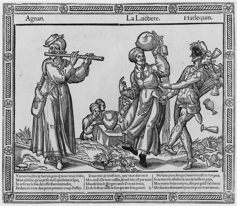 Agnan, La Laictiere, Harlequin. Rollfigurer från Commedia dell'arte-uppsättning, ur den s.k. Fossard-volymen