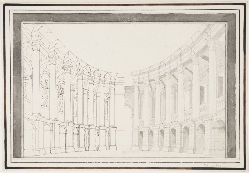 Decor for theatre; semicircular court, for the fifth act of 'Alceste', opera by Lully