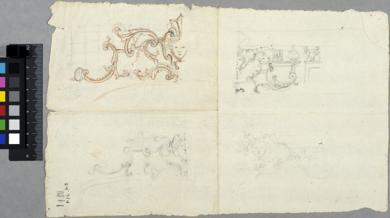 Four Drafts for Arabesques around Cartouches with Faces of Children and Women.
