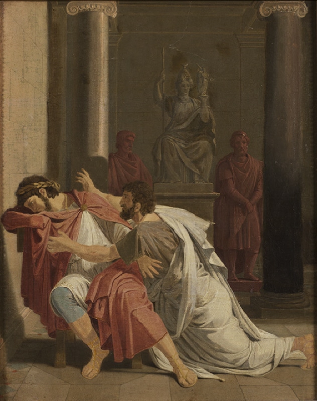 Neros lärare Burrhus kastar sig för sin härskares fötter