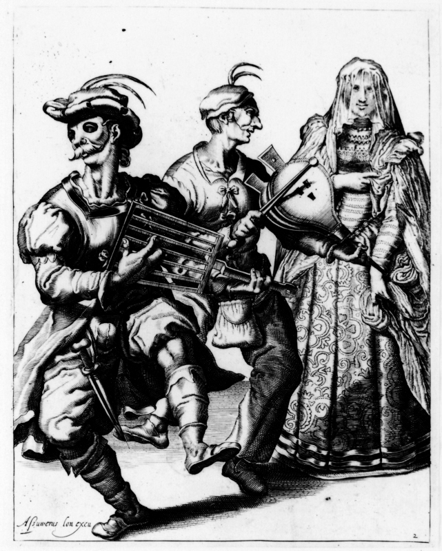 Maskeraddräkter, beslöjad kvinna och två musikanter som spelar på blåsbälg och grillgaller, blad nr 2