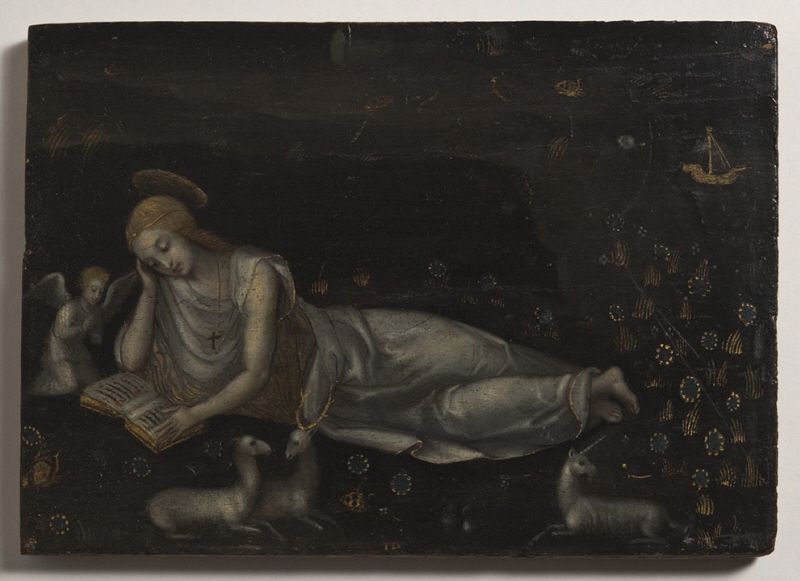Oljemålning på träpannå "Den heliga Magdalena"