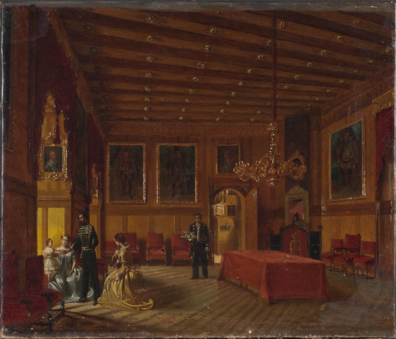 Gripsholms slott, interiör Konungens audiens med porträtt av Karl XV (1826-1872) hans gemål Lovisa (1828-1871) samt deras dotter Lovisa (1851-1926)