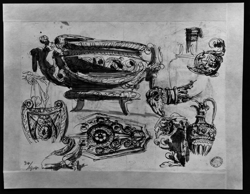 Sheet from a sketchbook: Urns, shields