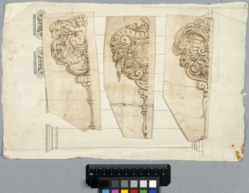 Three Designs for Ceremonial Maces, Mounted on an Architectonic Print showing the Tuscan and Ionic Orders