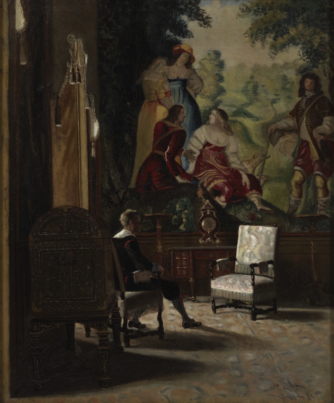 Gripsholm, interiör från Kungens sängkammare med manlig staffagefigur