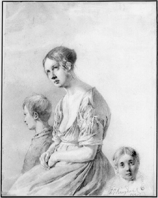 Sittande kvinna och två barn