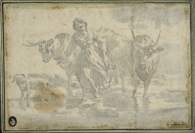 Woman and Two Cows at a Ford
