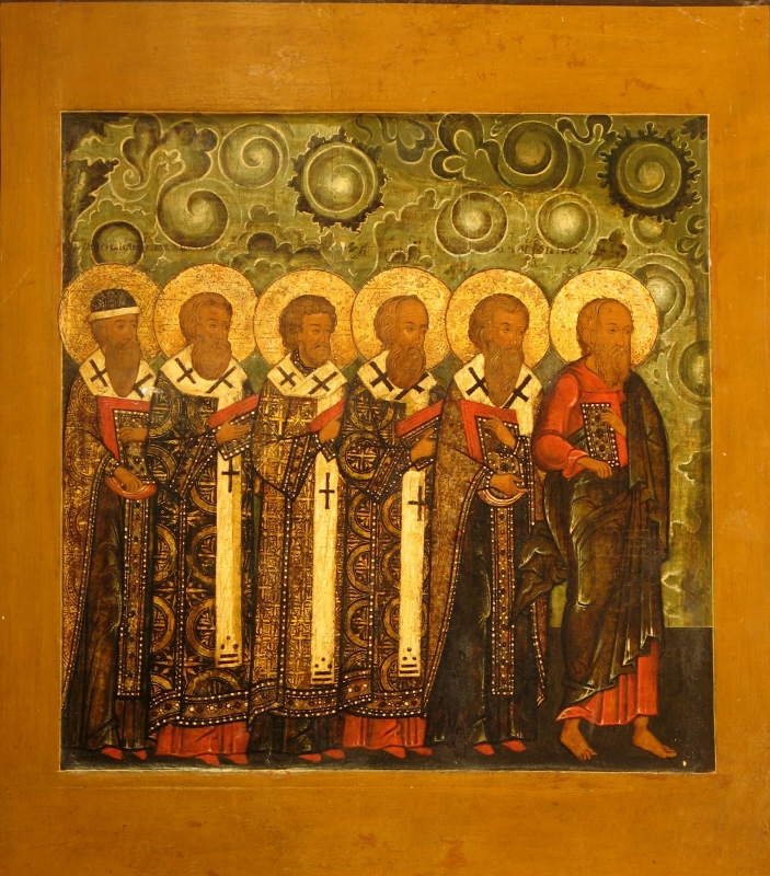 Adorerande helgongrupper, fyra ikoner inom en ram